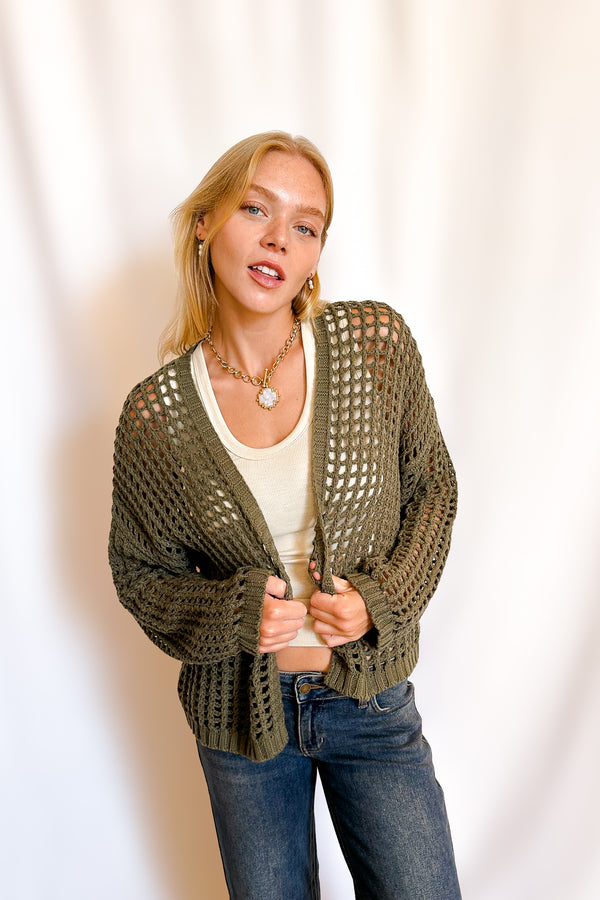 Crochet Waist Length Open Cardigan / Olive - Image 5