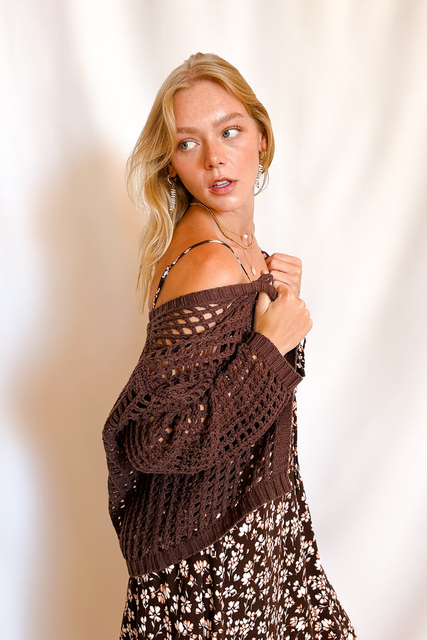 Crochet Waist Length Open Cardigan / Brown - Image 2