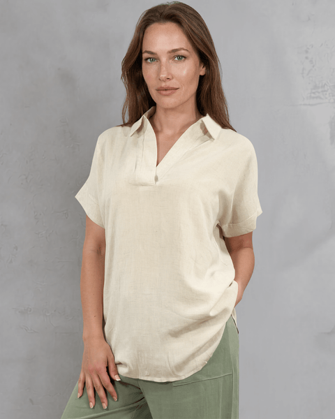 Lilian Linen Blend V Neck Collar Short Sleeve Top
