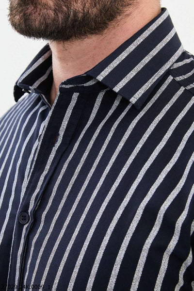Black and White Striped Men's Casual Shirt. - Image 2