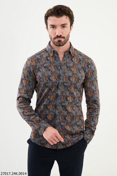 Matera Patterned Shirt — Camel and Blue