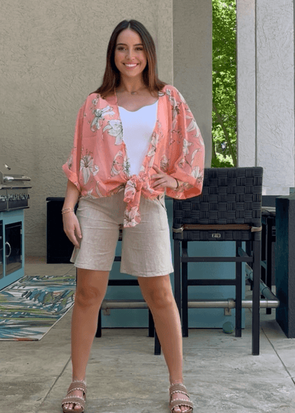 Sheer Floral Tie Front Kimono Cardigan in Coral - Image 5