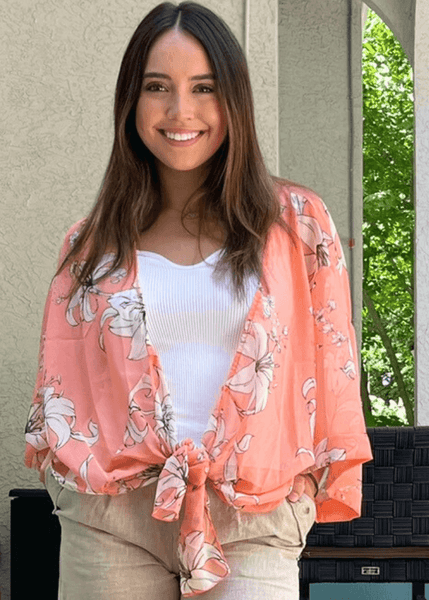 Sheer Floral Tie Front Kimono Cardigan in Coral - Image 3