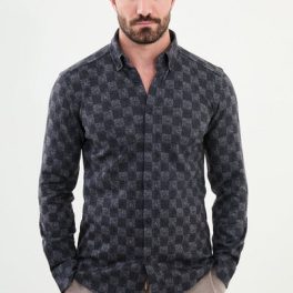 Men's Dark Gray Checkerboard Casual Shirt