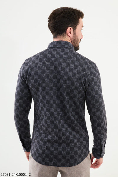 Men's Dark Gray Checkerboard Casual Shirt - Image 3