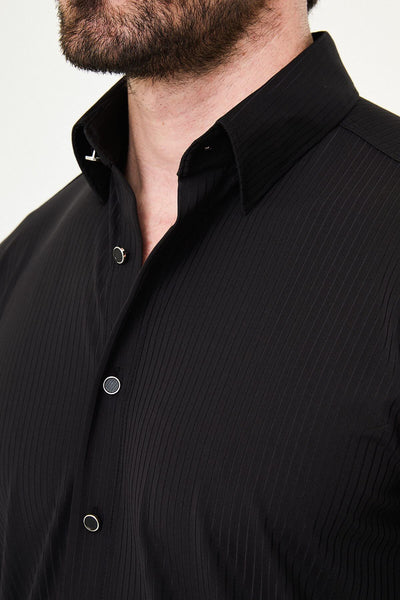 Men’s Black Textured Slim-Fit Striped Shirt - Image 3