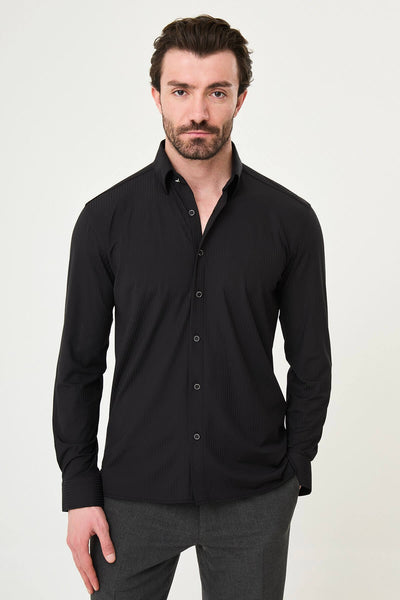 Men’s Black Textured Slim-Fit Striped Shirt