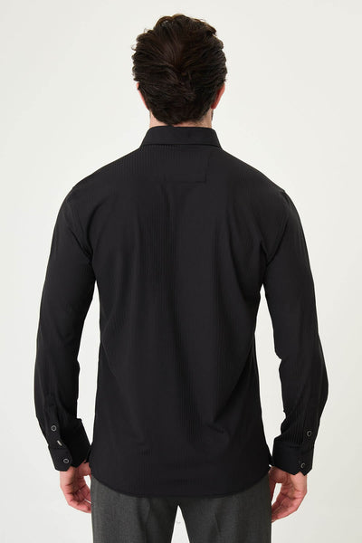 Men’s Black Textured Slim-Fit Striped Shirt - Image 5