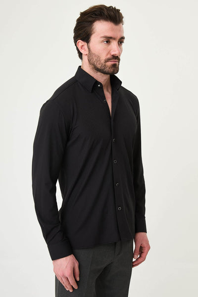 Men’s Black Textured Slim-Fit Striped Shirt - Image 2