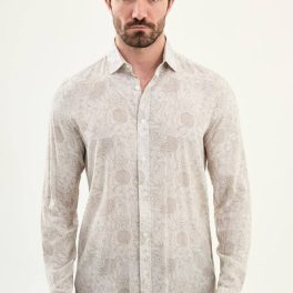 Men’s Beige Patterned Slim-Fit Shirt.