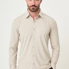 Men’s Beige Striped Slim Fit Long Sleeve Shirt