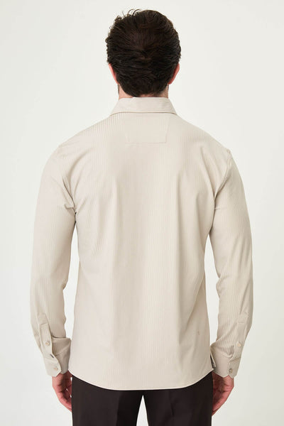 Men’s Beige Striped Slim Fit Long Sleeve Shirt - Image 4