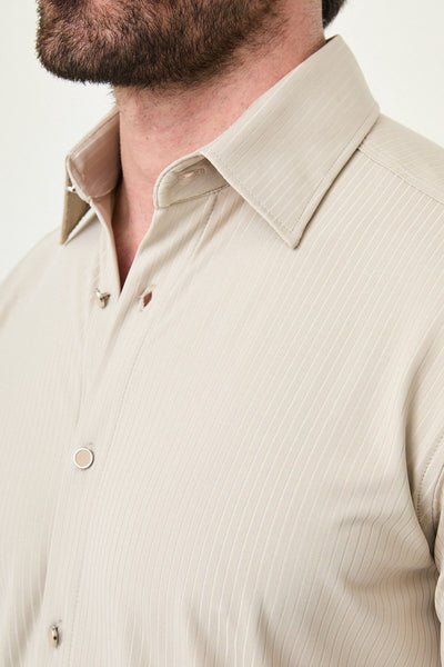 Men’s Beige Striped Slim Fit Long Sleeve Shirt - Image 3