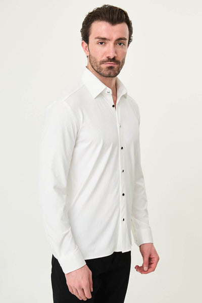 Men’s White Slim-Fit Striped Shirt - Image 2