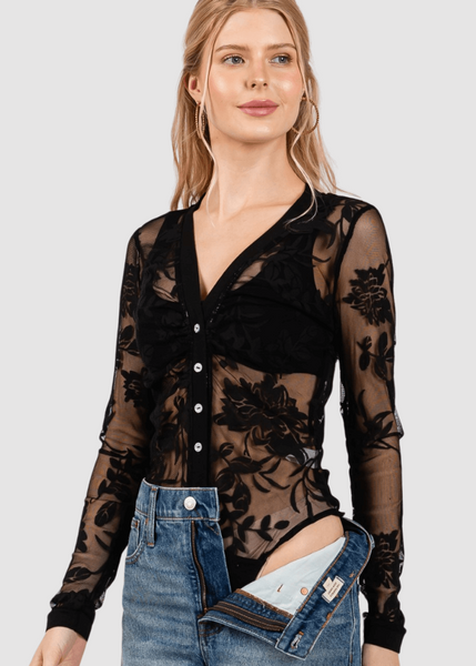 Floral Lace Sheer Bodysuit in Black Made in USA - Image 4