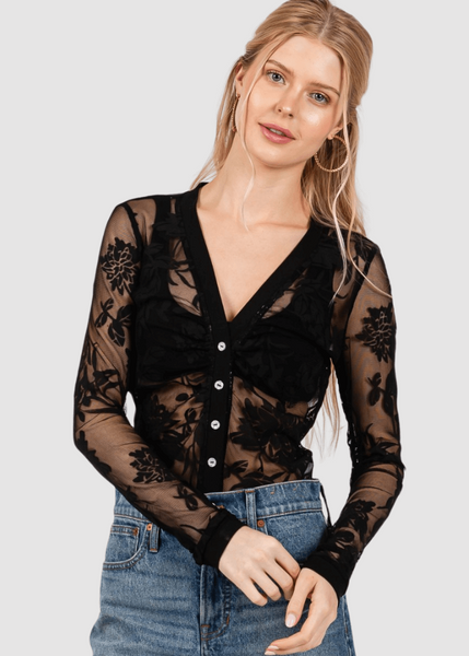 Floral Lace Sheer Bodysuit in Black Made in USA - Image 5