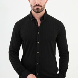 Sleek Black Textured Casual Shirt with Gold-Toned Button Accents.