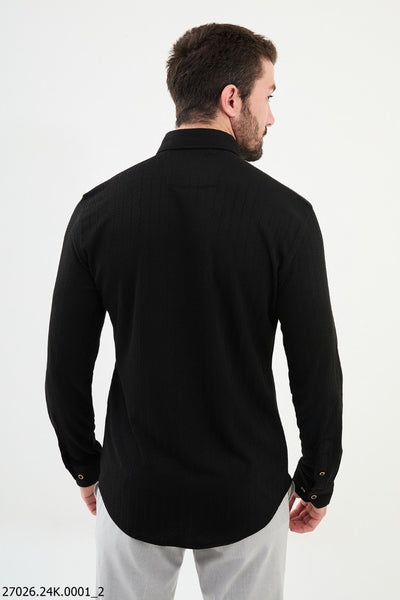 Sleek Black Textured Casual Shirt with Gold-Toned Button Accents. - Image 3
