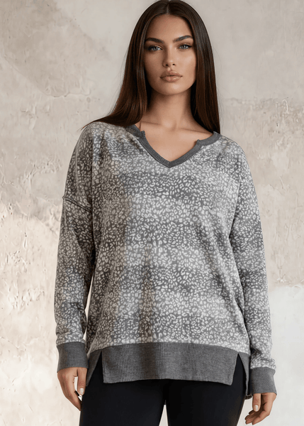 Mixed Pattern V-neck Sweater Top Plus Size in Gray