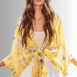 Sheer Floral Tie Front Kimono Cardigan in Yellow
